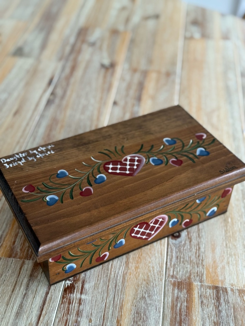 Vintage Hand-Painted Wooden Keepsake Box Heart Motif Daughter Friend Quote